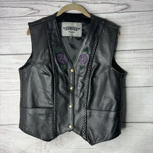 Unik Leather Biker Vest Womans XL Black Braided Snap Closure Adjustable Back